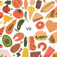 fondo de comida sana vs chatarra. estilo de vida poco saludable con refrescos, hamburguesas y azúcar. la nutrición saludable incluye verduras y frutas. ilustración de vector plano para banner.