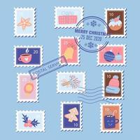 Christmas postage stamps with xmas elements - gift box, gingerbread, cup and holly. Vector flat hand drawn illustration