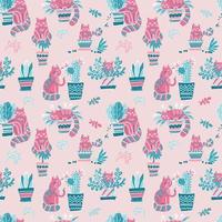 Seamless pattern with Cute hand drawn cats in different poses with plant pots. Vector flat doodle Scandinavian cartoon character. Cozy print design pink blue kittens.Naughty Kitty damaged home flowers