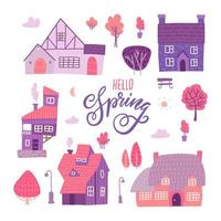Houses for spring town constructor set. Elements for city illustration. Buildings. trees, bench icons. Town infographic elements. Vector flat illustration. Hello Spring lettering text.