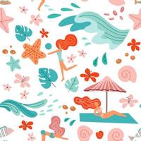 Tropical background with palm leaves, ocean waves and girls in bikini. Seamless summer holiday pattern. beach vector illustration in scandinavian style on white background