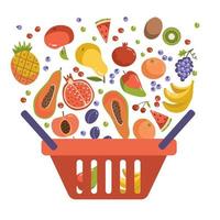 Shopping basket with falling fruits. Healthy food concept. Summer meal. Vector flat illustration with apple,grape, banana, orange pear strawberry apricot and berries.