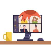 Video conference. People image on computer screen. Desk with cat lying on monitor, PC mouse, mug. Web conferencing.Online webinar.Live stream with colleagues. Distant communication.Vector flat design vector