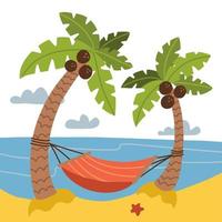 concepto de vacaciones y viajes. hamaca roja entre palmeras de coco en el fondo del mar. paisaje de playa de arena. ilustración vectorial plana de dibujos animados