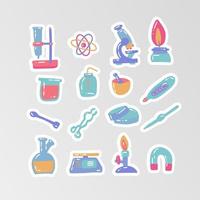 Set of stickers for kid chemistry experiment. Laboratory test tubes vector sketch concept education and science illustration in cartoon style. Elements, tools. Reactions research medical stuff