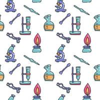 Seamless pattern of decorative color hand drawn chemical lab scientific experiment equipment isolated vector illustration.Set of flask and metal tools in doodle on white background. Chemistry for kids