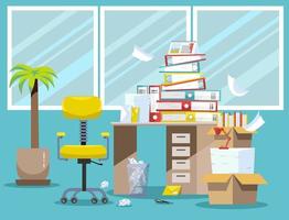 Period of accountants and financier reports submission. Pile of paper documents and file folders in cardboard boxes on office table. Flat vector illustration windows, chair and waste-basket