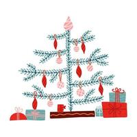 Hand drawn vector illustration of a cute decorated Christmas tree with gift boxes. Isolated objects on white background. Flat style design. Concept for card, invite. Hygge cozy hand drawn style.