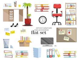 Flat office furniture and accessories set on white background. Victor template illustration. Interior of the workplace cartoon icons in set collection for design. vector