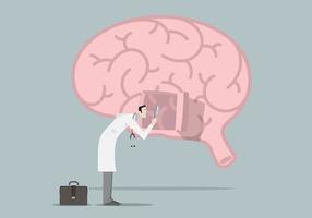 Brain Diseases Research Concept. Doctor with magnifying glass looking inside a brain. vector