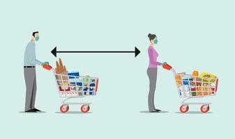 Social Distancing. People with shopping cart keeping distance for infection risk and disease, wearing a surgical protective medical mask and gloves for prevent virus Covid-19.Corona virus.