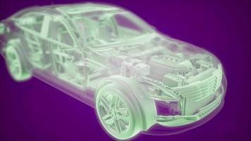 Holographic animation of 3D wireframe car model with engine