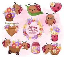 elementos de lady bug y flores de primavera vector