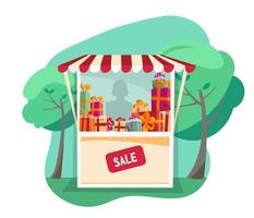 Showcase street festive tent with striped awning. Small street gift shop at park Fair. Storefront with stacks of gifts for summer sale on white background. Lighting shop window. Flat cartoon vector