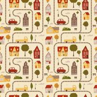 Seamless pattern - texture simulating a map with roads, cars painted in different colors with small houses. Summer country landscape. Flat vector illustration.
