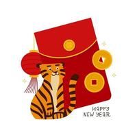 2022 CNY banner or greeting card. Coins in big red envelope with tiger character and Spring Festival objects. Flat vector illustration with written lettering