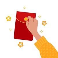 Chinese reward concept. Hand opening a Red paper packet. Envelope vector. Year of the Tiger banner idea. Chinese reward in treditional envelope. Flat vector illustration.