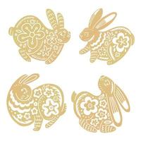 Set of Chinese rabbits. Collection of golden bunnies isolated on white background. Symbol of 2023 year with flower decoration. Vector paper cut elements