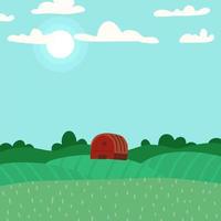 Green landscape with hills and fields. Lovely rural nature. Unlimited space. Vector flat cartoon illustration.