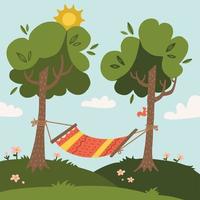 Summer hammock with trees in forest or garden, grass, sun and clouds. Flat vector illustration