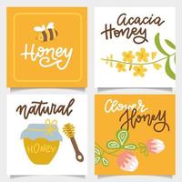 Set of banners on the theme of honey, with a glass jar, types of honey, clover and acacia flowers, bee and handwritten lettering. Design collection of square cards. Vector flat hand drawn illustration