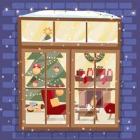 pared de ladrillo exterior con ventana - árbol de navidad, muebles, corona, chimenea, pila de regalos y mascotas. Acogedora sala de luz decorada festivamente con vista exterior. vector de dibujos animados plana