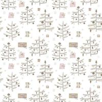 Vector seamless pattern in scandinavian style. Beautiful doodle ornament decorated Christmas fir trees with gift boxes. Endless Xmas background in hygge style.