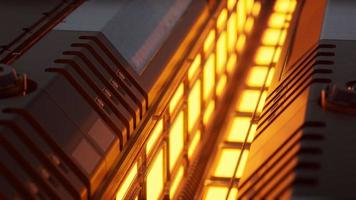 luces amarillas y paneles de metal en interiores futuristas