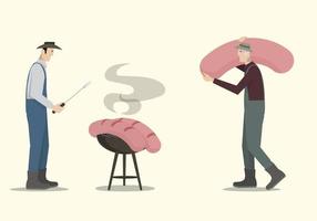 Farmers cooking big sausages on barbecue. vector