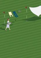 Woman hanging clothes to dry on clothes-line on golf course. vector