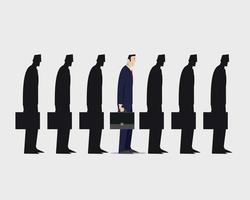 Businessman standing out from crowd of group identical black fellows on white background. vector