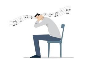 hombre sentado en una silla tapándose los oídos. concepto de gusano auditivo, también conocido como gusano cerebral, música pegajosa o síndrome de canción atascada. vector