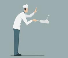 Side view of chef tossing food in frying pan. vector