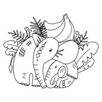 página para colorear para niños con linda madre elefante con bebé y árbol de plátano. Ilustración en blanco y negro de comida animal exótica tropical divertida. imágenes prediseñadas de verano de la selva vector