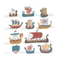 conjunto de draccars escandinavos vikingos, barco normando con ilustraciones de vectores de color aisladas en un fondo blanco. 11 iconos de doodle de vector de barco vikingo noruega drakkar para niños