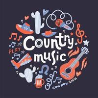 Country music. Illustration with acoustic guitar and hand lettering. Great elements for music festival or t-shirt. Vector concept in flat style on dark background.