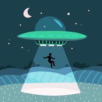 UFO abducting a men, summer night farm landscape in the night field. Vector background with stars and moon in the sky. Flat vector illustration
