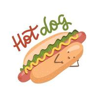 perro caliente divertido con una linda cara de sonrisa. comida rápida con rostro humano. iconos de ilustración plana de vector de estilo moderno. aislado sobre fondo blanco con letras dibujadas a mano.