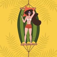 Happy young girl in a bathing suit bikini lying in a hammock by the sea and tropical plants. Top view concept with palm shadows. Vector flat design illustration. Square layout.