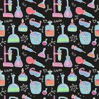 Seamless pattern of decorative color hand drawn chemical lab scientific experiment equipment isolated vector illustration. Set of flasks in doodle style on black background. Kid chemistry and science