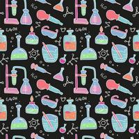 Seamless pattern of decorative color hand drawn chemical lab scientific experiment equipment isolated vector illustration. Set of flasks in doodle style on black background. Kid chemistry and science