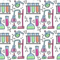 Seamless pattern of decorative color hand drawn chemical lab scientific experiment equipment isolated vector illustration. Set of flasks in doodle style on white background. Chemistry science for kids