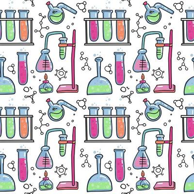 Seamless pattern of decorative color hand drawn chemical lab scientific experiment equipment isolated vector illustration. Set of flasks in doodle style on white background. Chemistry science for kids