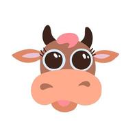 Cute brown cow smiling face with big eyes flat vector icon isolated on white background. Flat cartoon design funny farm animal head illustration. Animal of 2021 year.