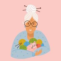 Granny doing knitwork. The gray-haired grandmother holds in her hands a lot of clews and a cat. Vector Illustration isolated on pink background.