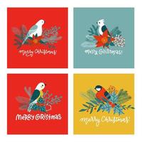 Set of cute Christmas greeting cards. Postcards and prints with different birds on fir tree branches. Vector flat illustration with lettering quotes.