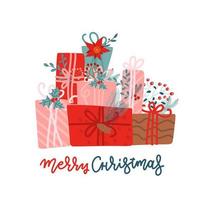 Mountain of gifts for Christmas and the New year with the decoration of Christmas tree branches and berries. Lettering design Happy Christmas and New year. Stack of present boxes. vector