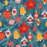 Christmas seamless pattern. Traditional xmas attributes, christmas tree toys, gingerbread, presents for cards and wrapping. Flat hand drawn vector texture.
