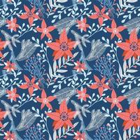 Floral vector seamless pattern with winter foliage in blue and red for Christmas backgrounds, wrapping paper. Poinsettia flower with different forst branches and berries. Flat hand drawn illustration.
