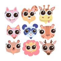 Cute animal faces with big eyes. A set of vector illustrations of cartoon animal heads including bear, cat, dog, tiger, panda, lion, fox, deer, giraffe. Concept for children print design.